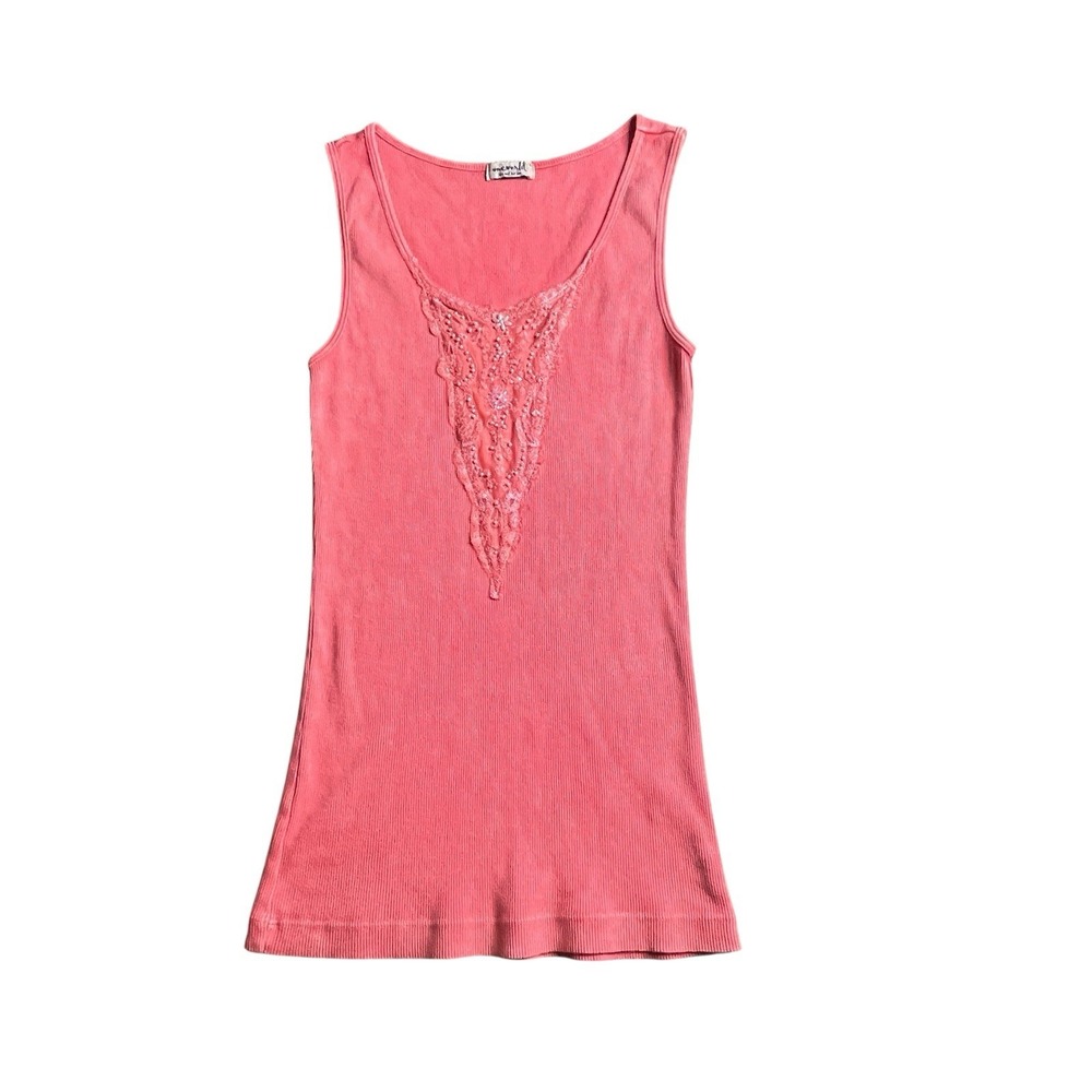 Vintage Y2K One World Ribbed Tank Top Sz Large Pearls Lace Dainty Coquette Fairy